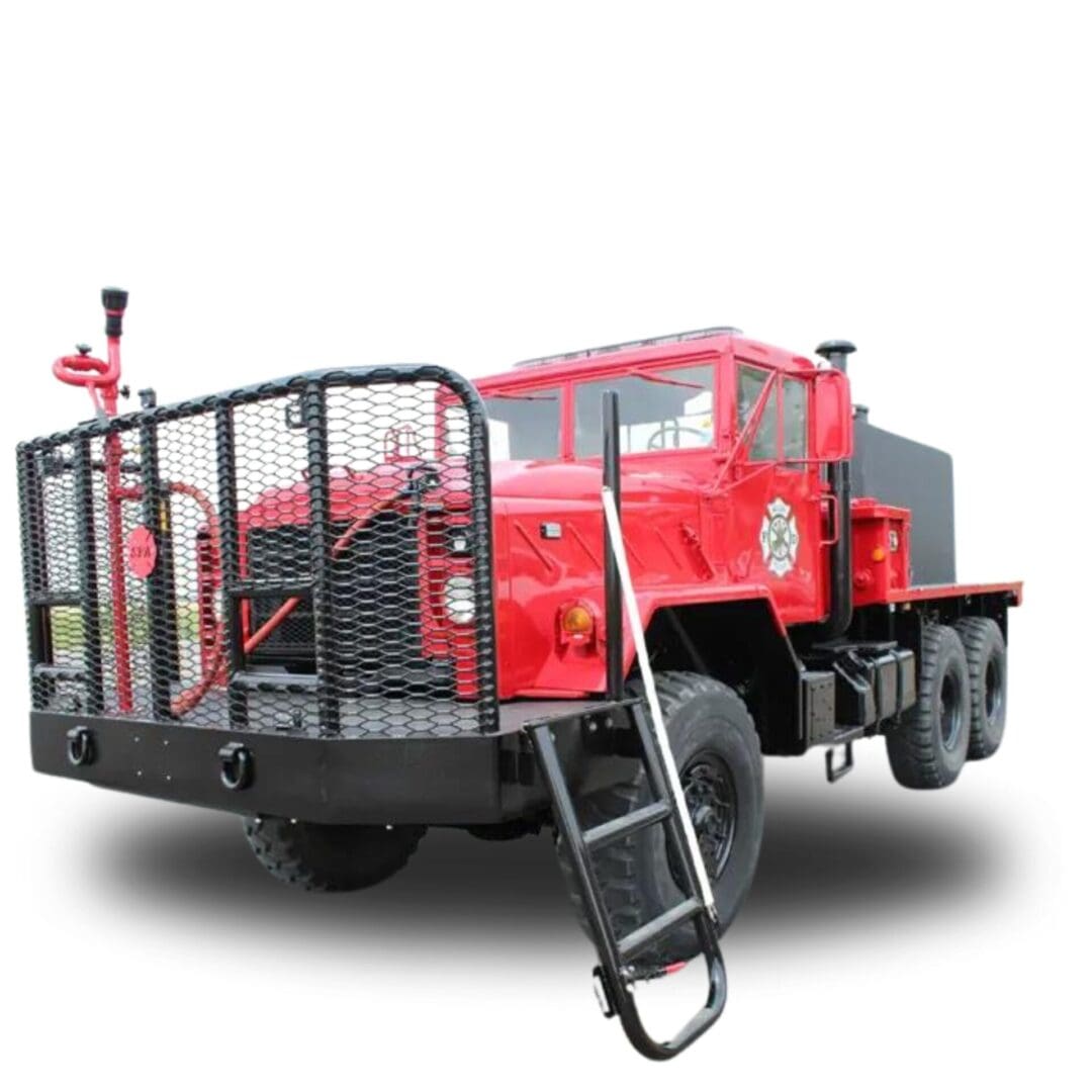 Red fire truck with ladder and cage.