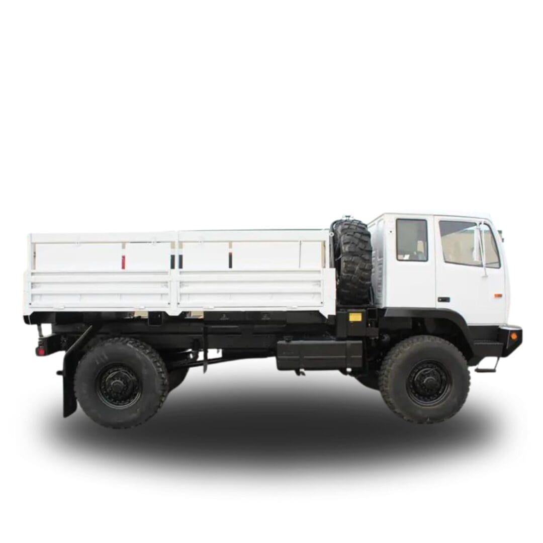 White flatbed truck with black wheels.