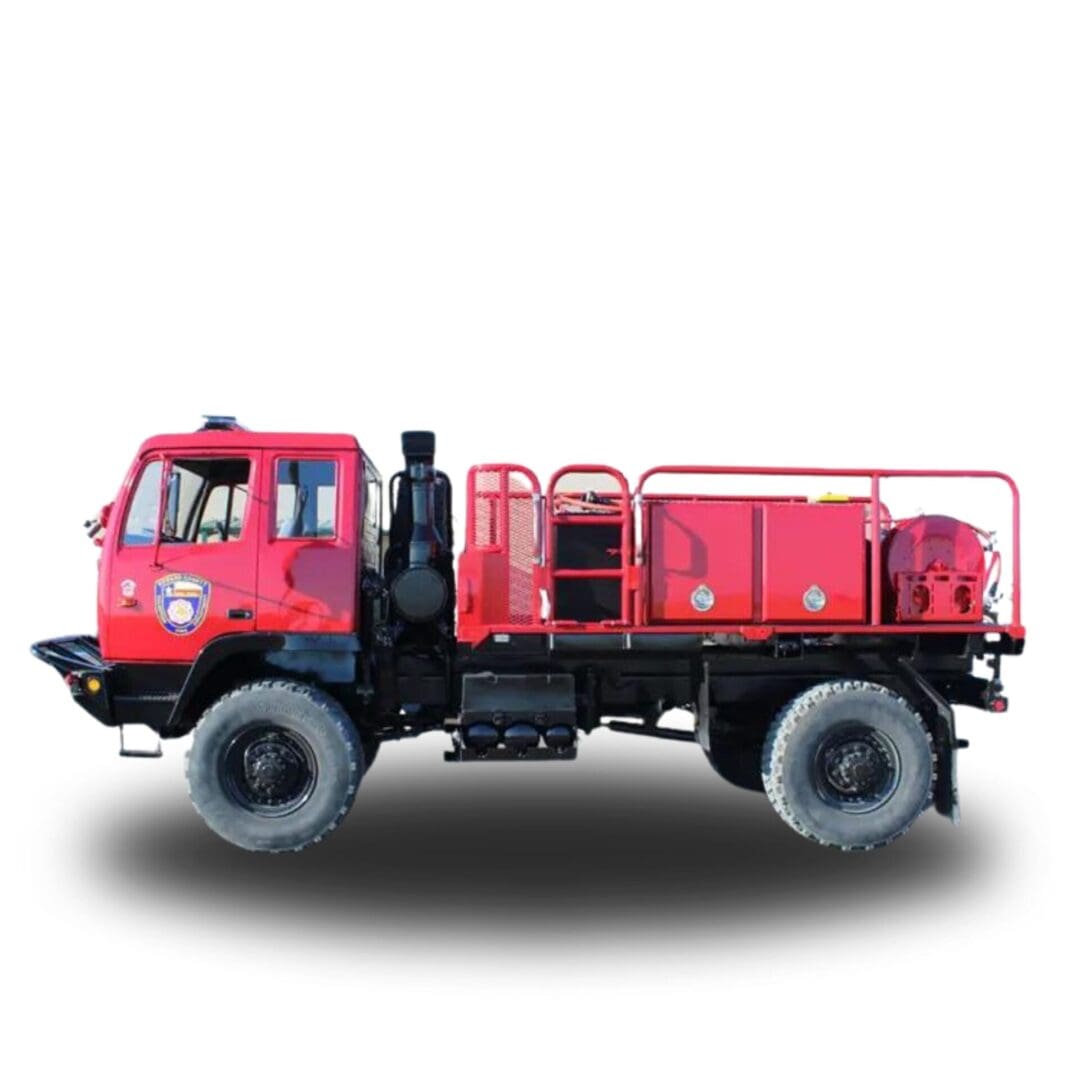 Red fire truck with water tank.