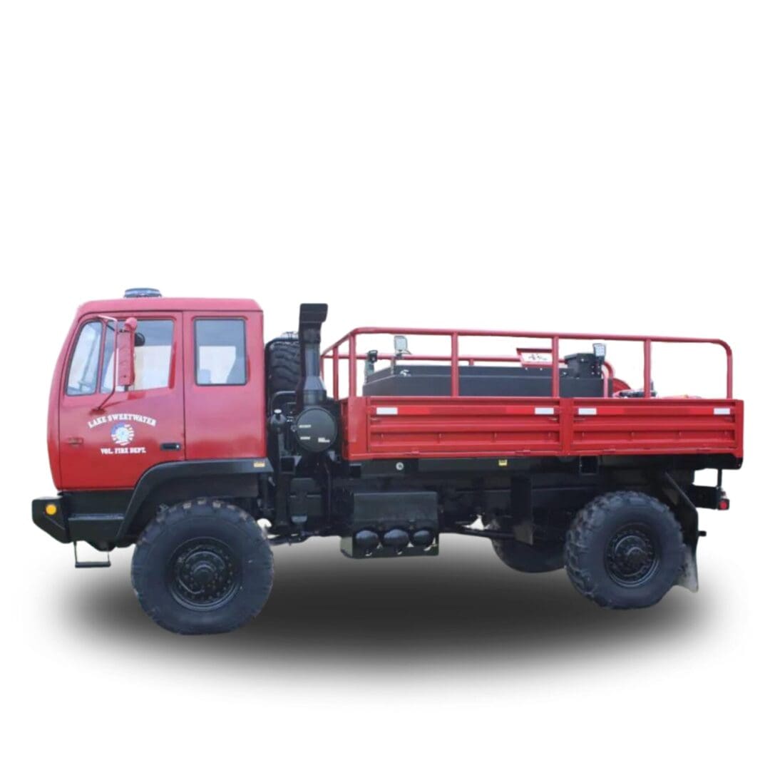 Red fire truck with flatbed and logo.