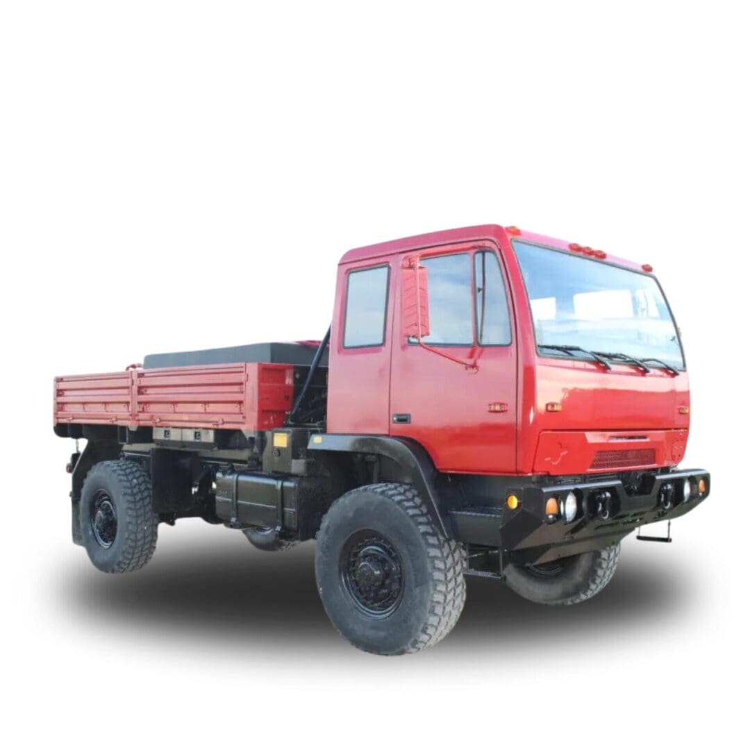 Red flatbed truck on a white background.