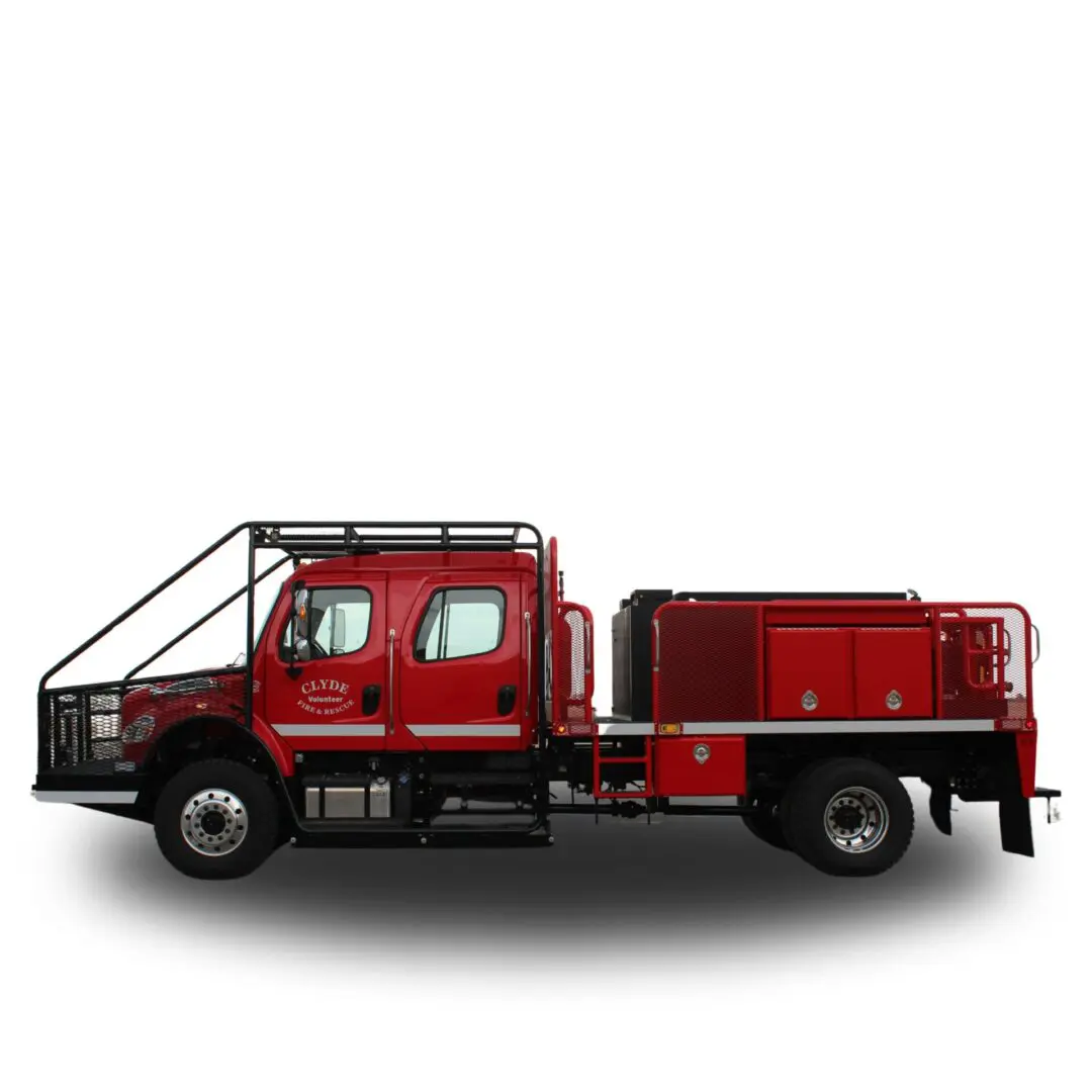 Red fire truck with Clyde Fire & Rescue logo.