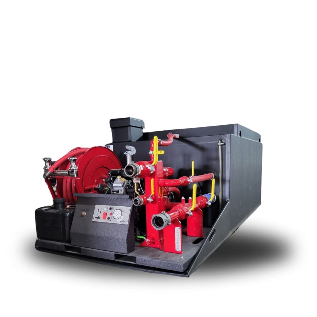 Portable fire suppression system with hose reel.