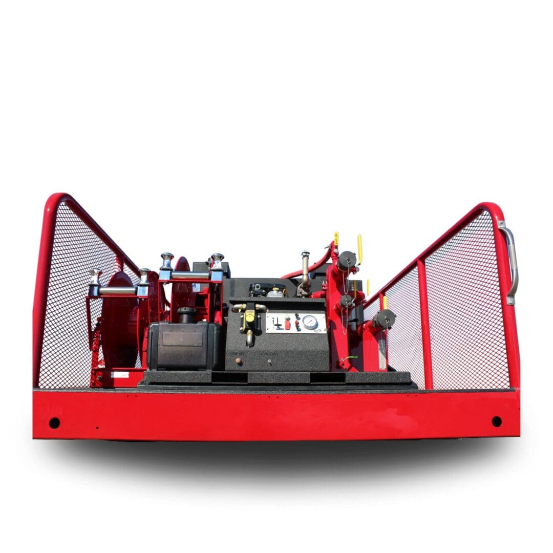 Red fire truck hose reel unit.