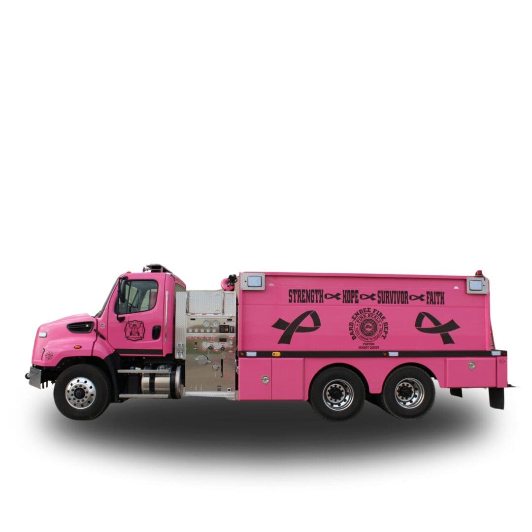 Pink fire truck with breast cancer awareness ribbons.