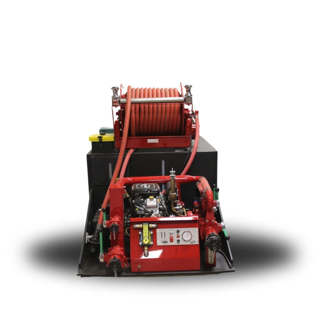 Red fire hose reel with engine.