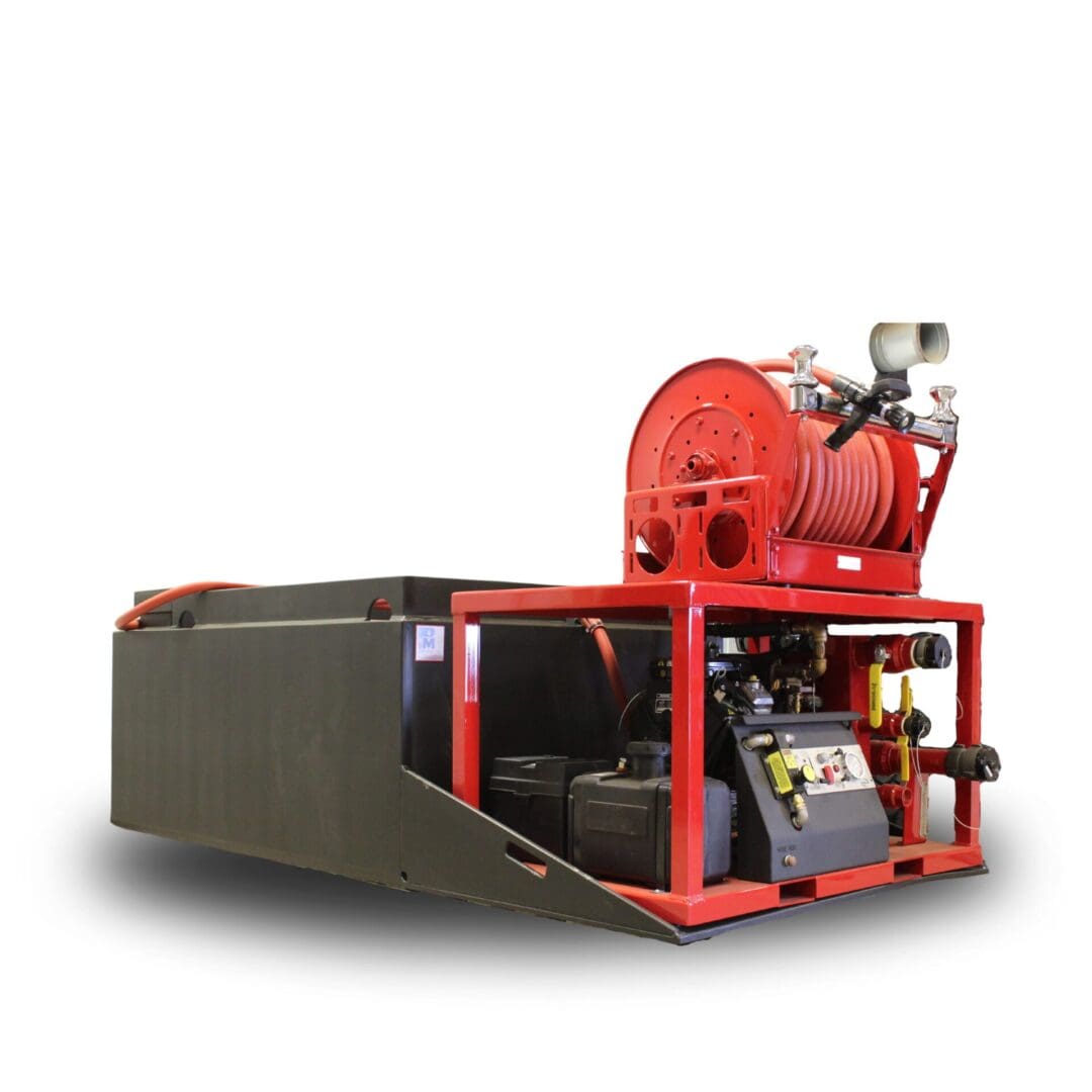 Portable fire suppression system with hose reel.