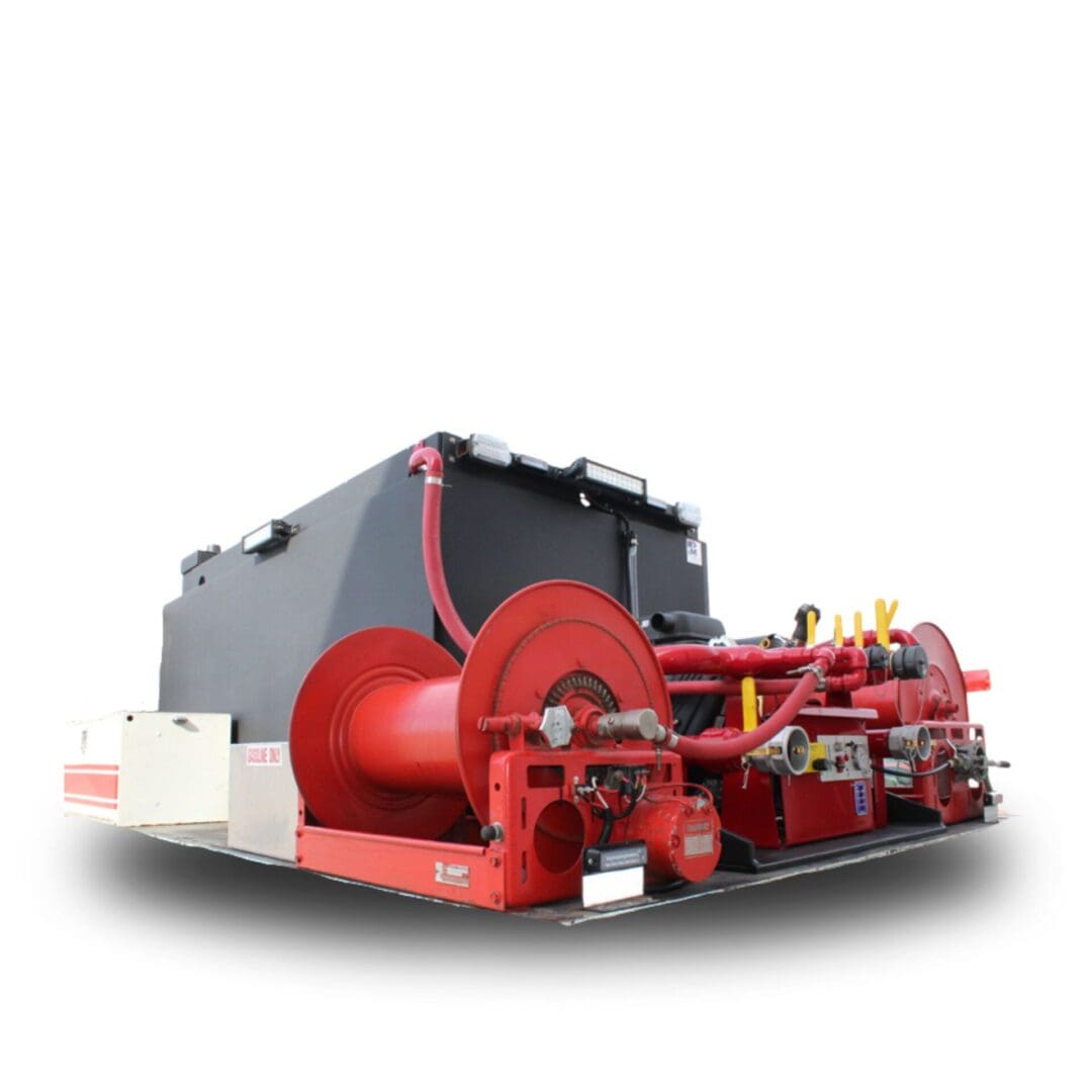 Red fire truck hose reel system.