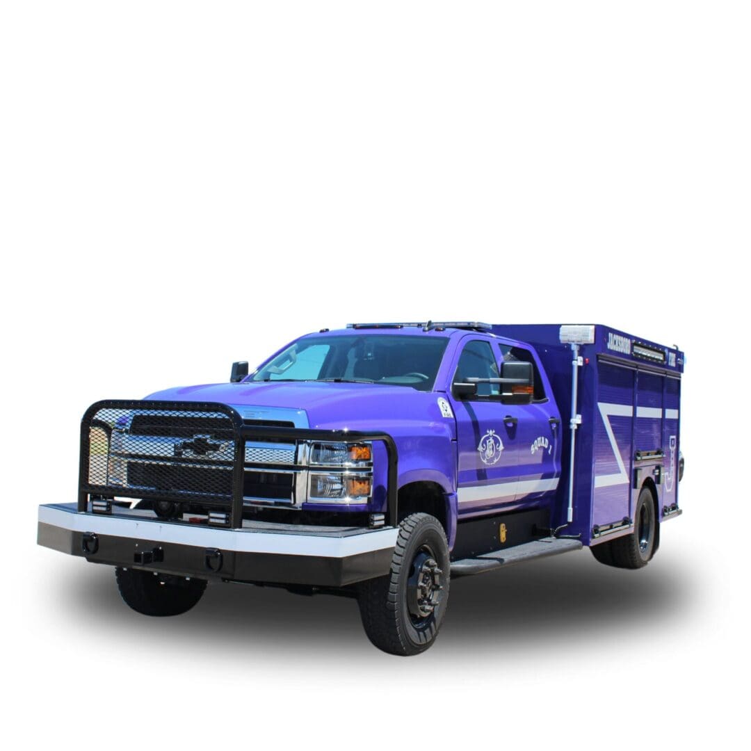 Purple emergency response truck with grill guard.