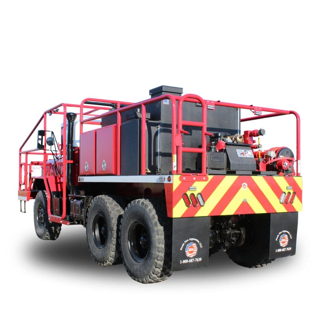 Red fire truck with water tank and hoses.