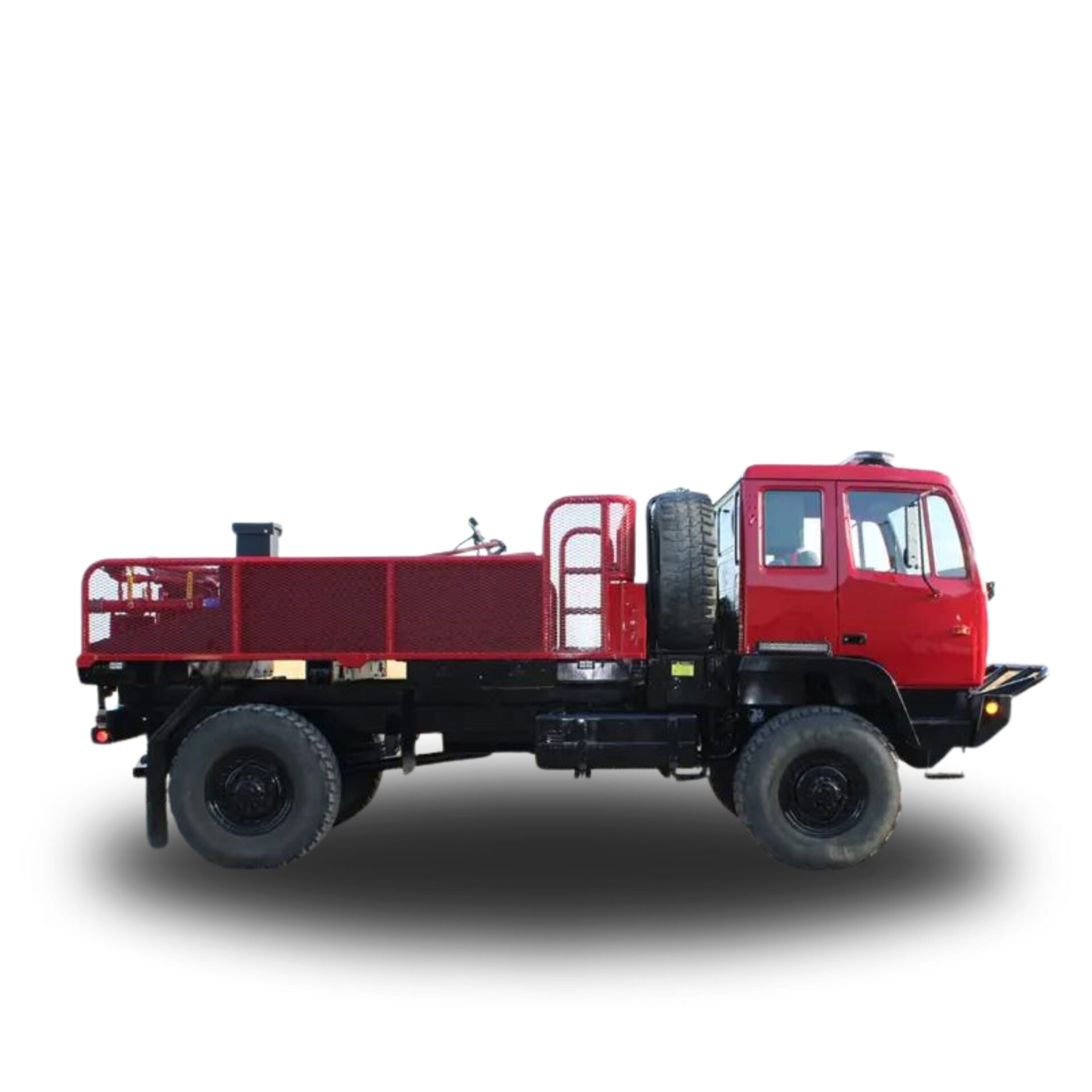 Red utility truck with a flatbed.