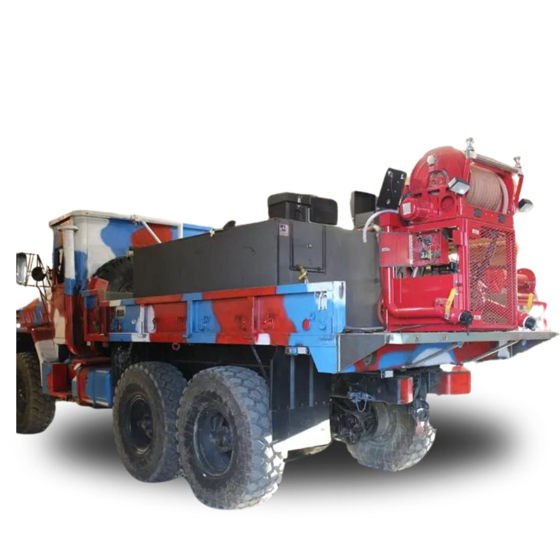 Red and blue military truck with hose reel.