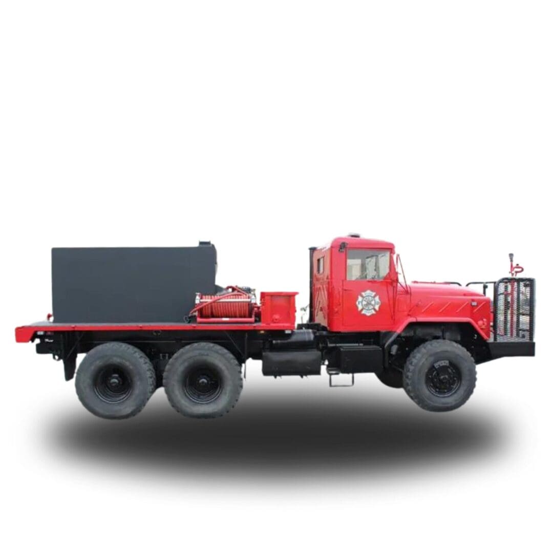 Red fire truck with water tank.