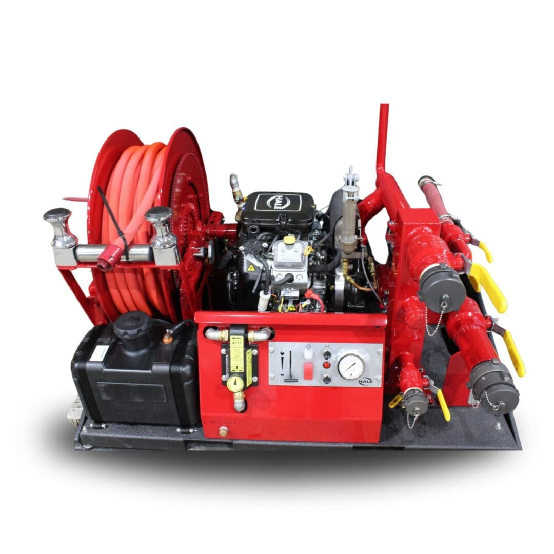 Red fire pump with hose reel and engine.