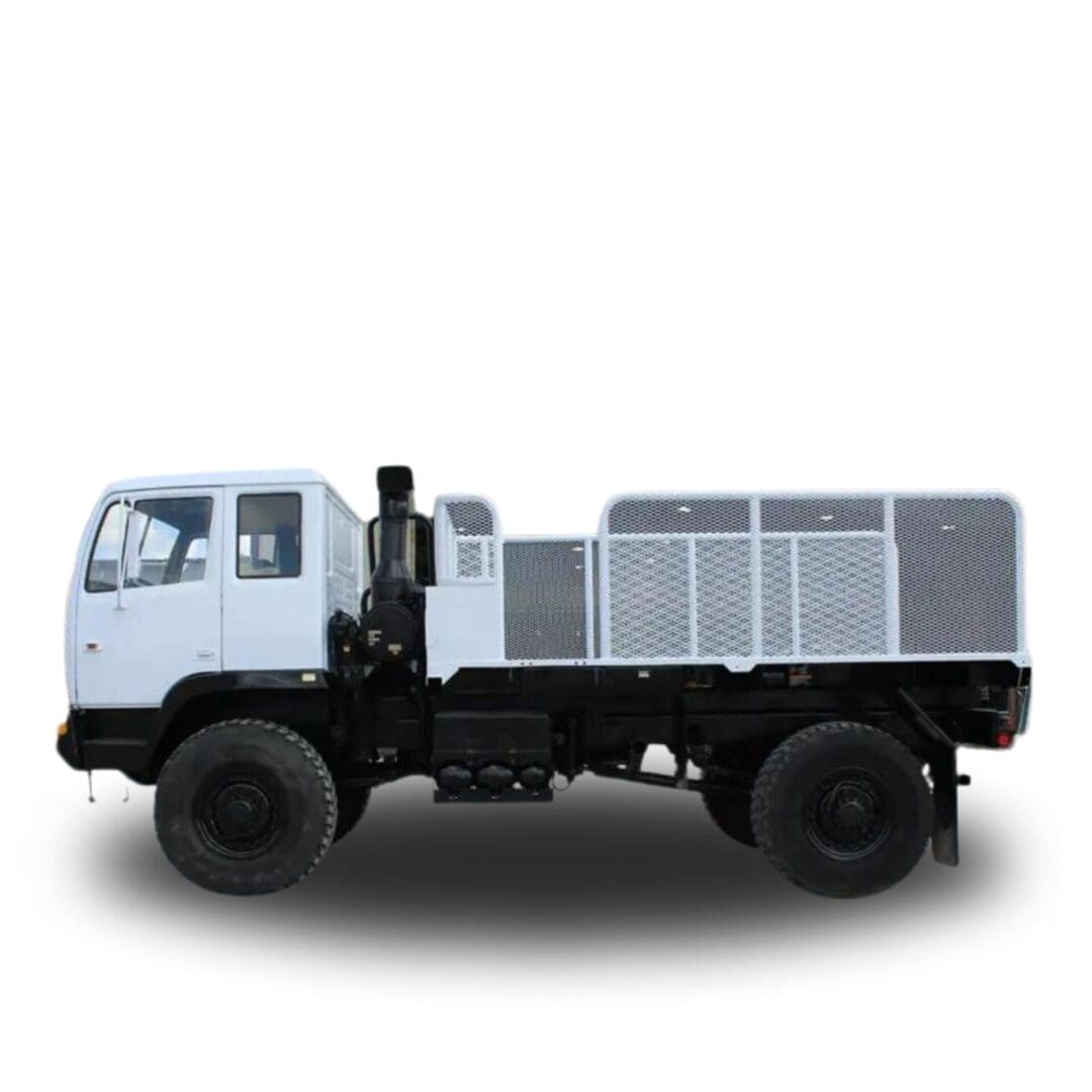 White flatbed truck with black wheels.