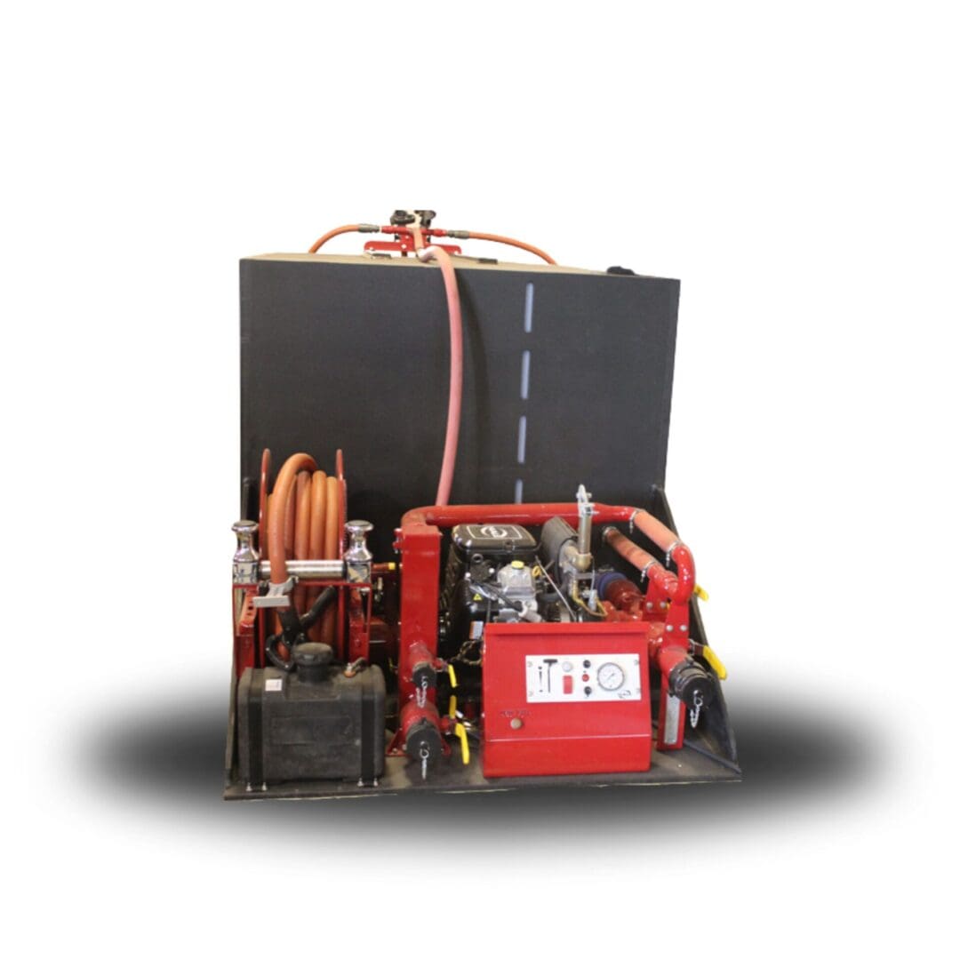 Portable fire suppression system with hose reel.