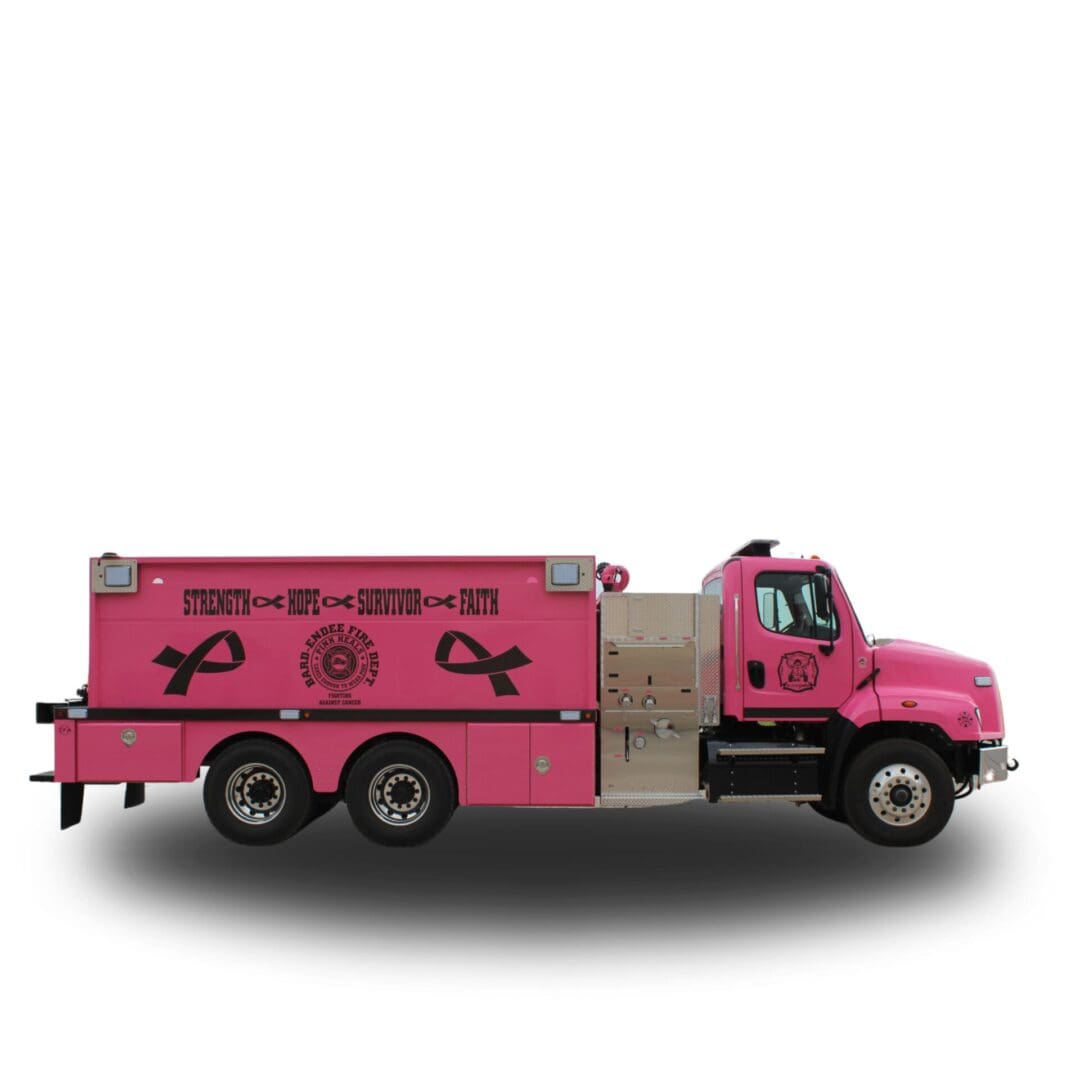 Pink fire truck with breast cancer awareness ribbons.