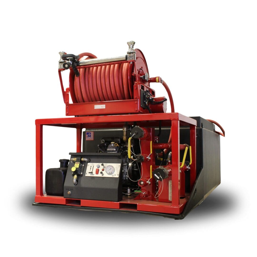 Red fire suppression system with hose reel.