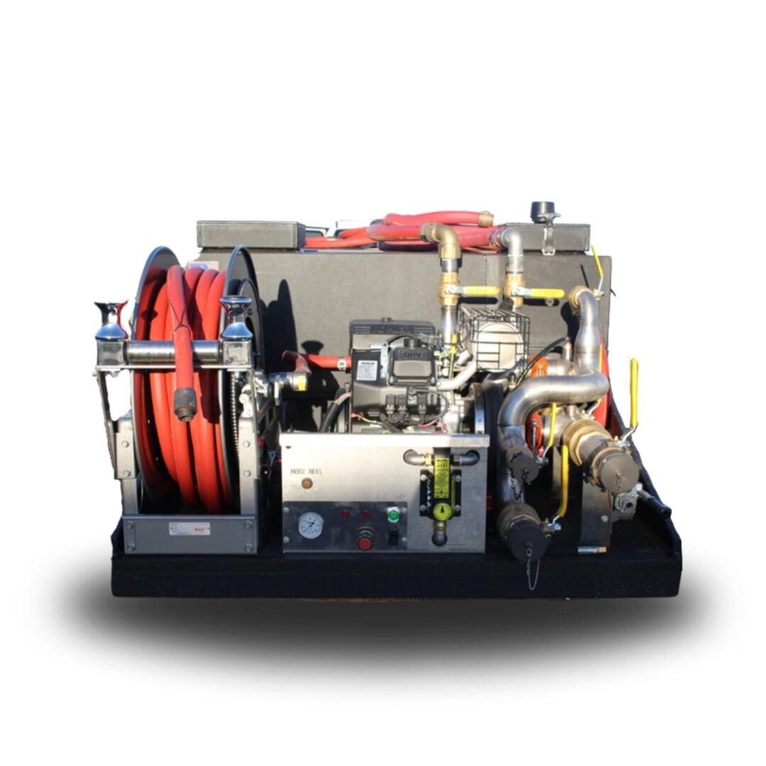 Hose reel with engine and hoses.