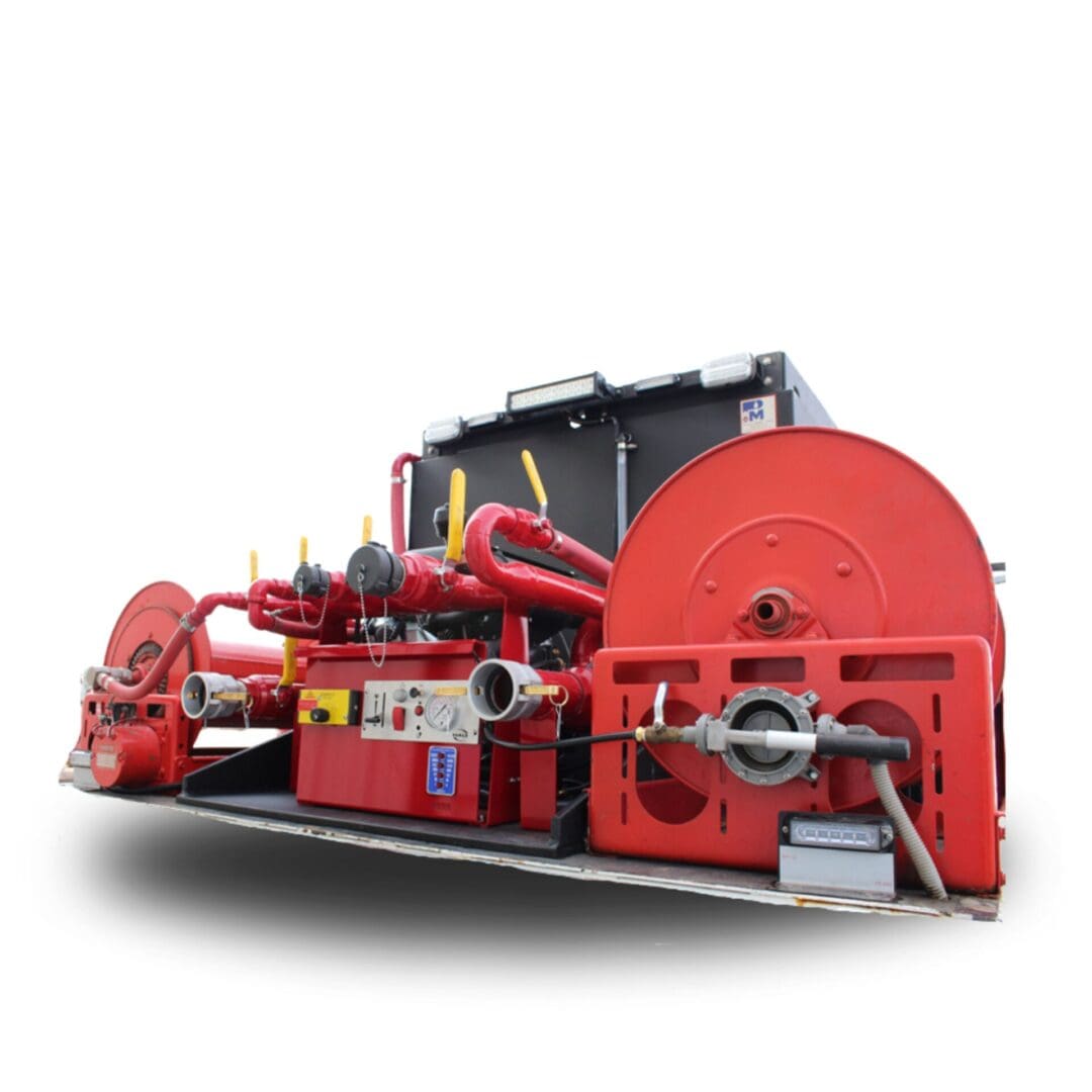 Red fire truck hose reel system.