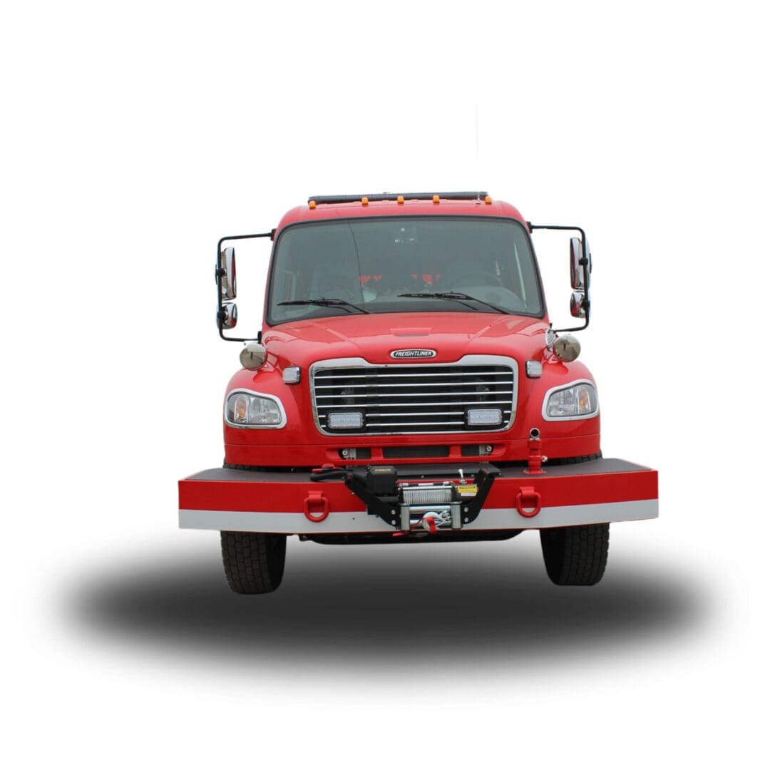 Red Freightliner fire truck front view.