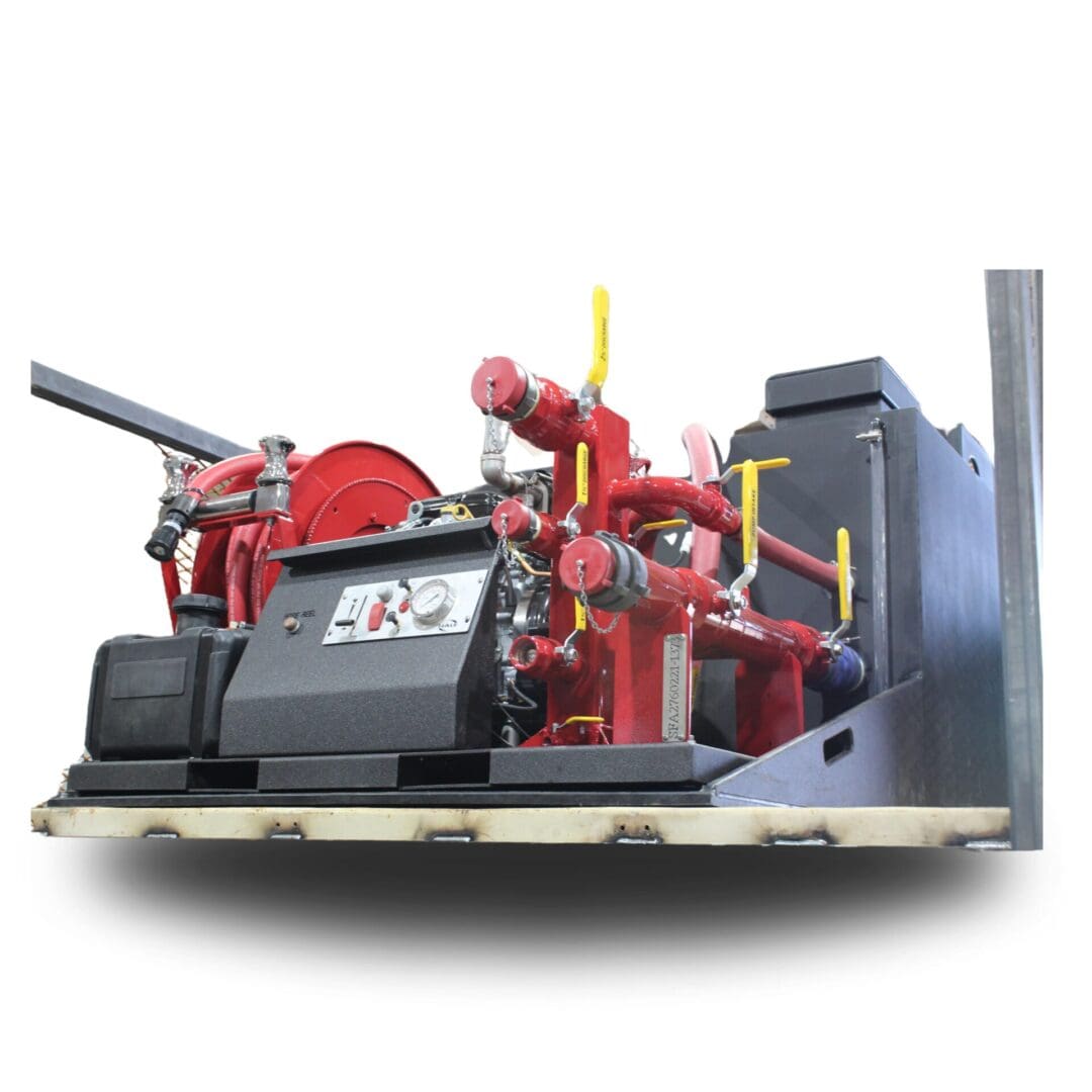 Portable fire pump with hoses and controls.