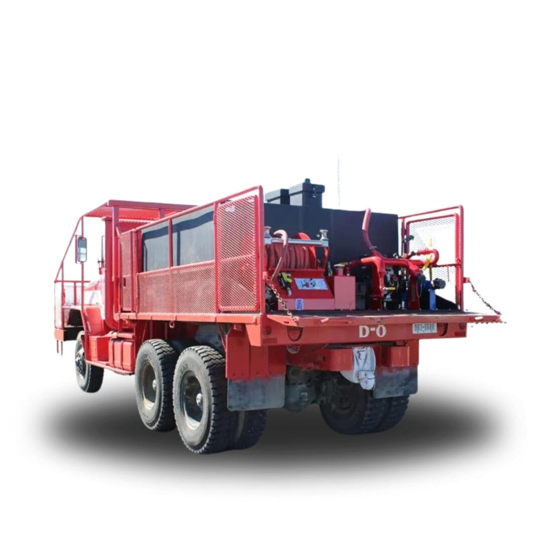 Red flatbed truck with hose reel.