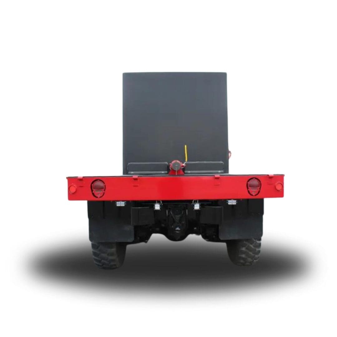 Rear view of a black flatbed truck.