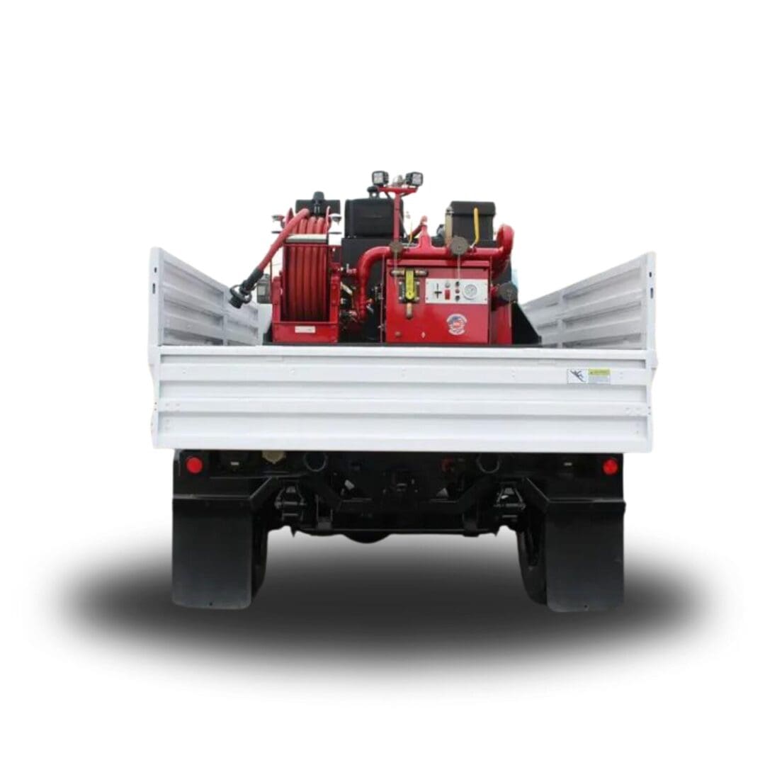 Rear view of a flatbed fire truck.