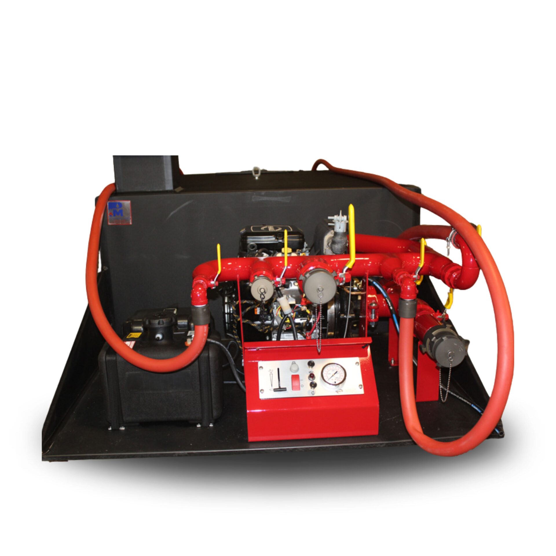 Portable fire pump with hoses and controls.