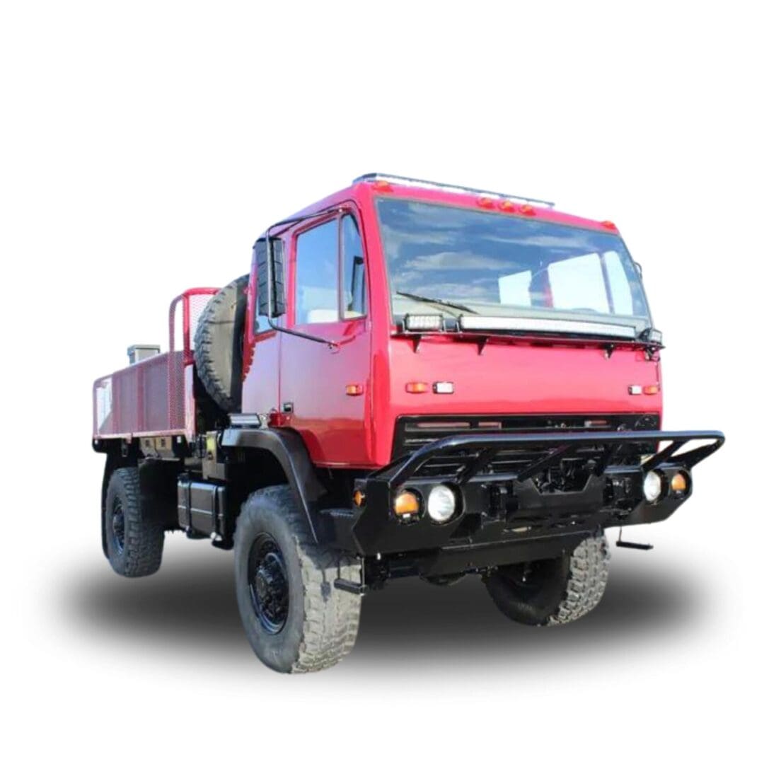 Red utility truck with black bumper.