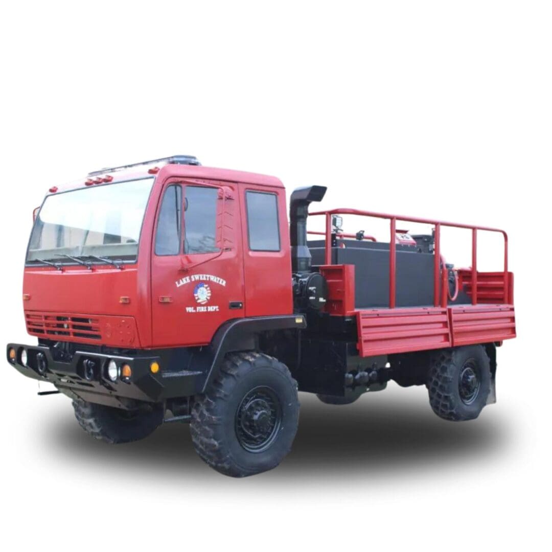 Red fire truck with black tank and cage.