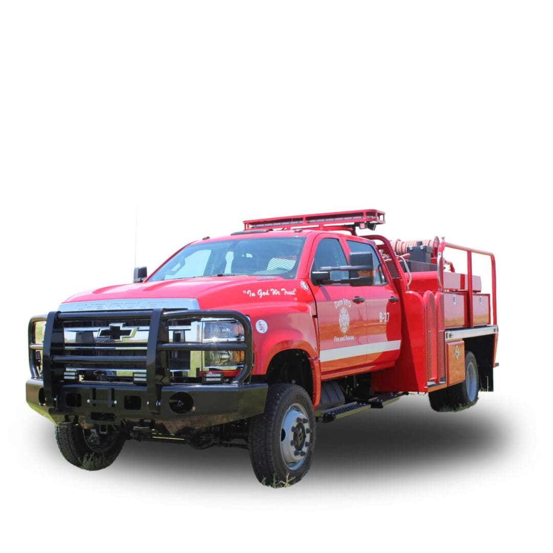 Red fire truck with black bumper.