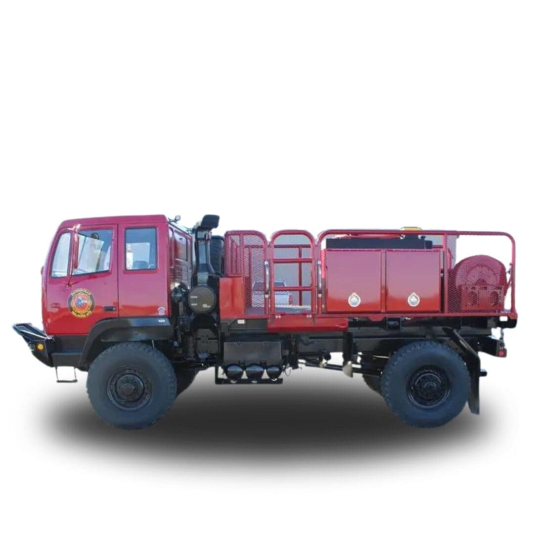 Red fire truck with hose reel.