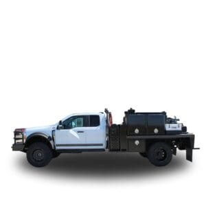 White utility truck with black bed and toolbox.