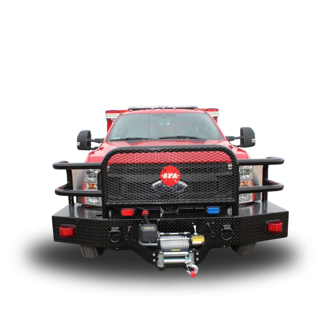 Red truck with winch and SFA logo.