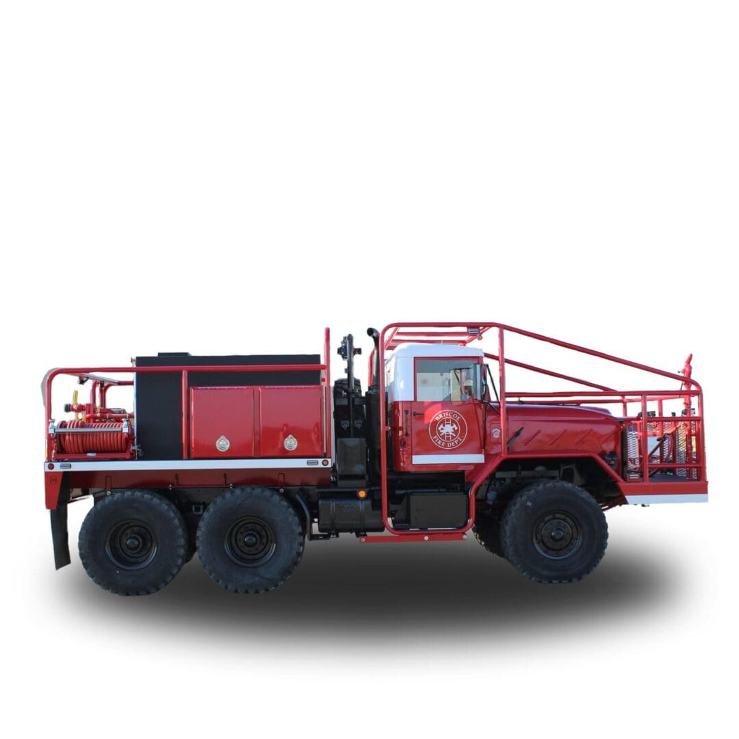 Red fire truck with a hose reel.