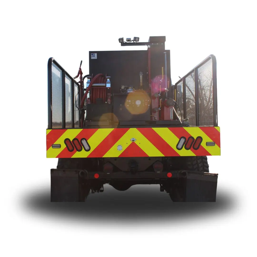 Rear view of a black truck with yellow and red stripes.