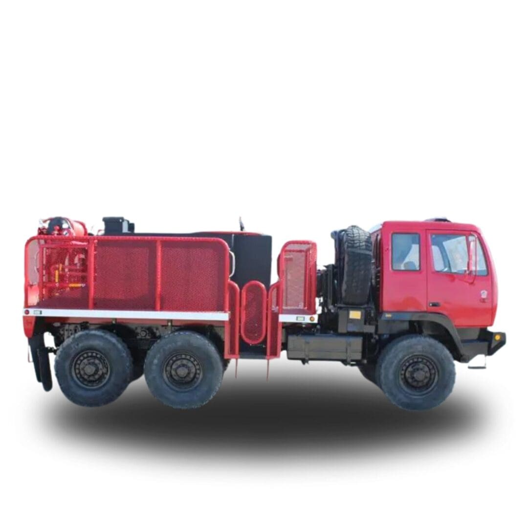 Red fire truck with a water tank.