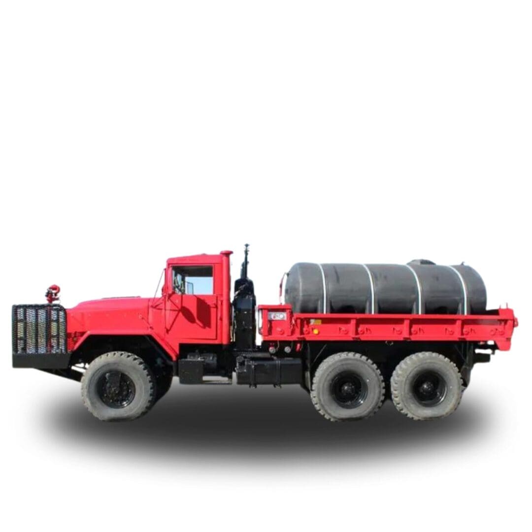 Red military truck with water tank.