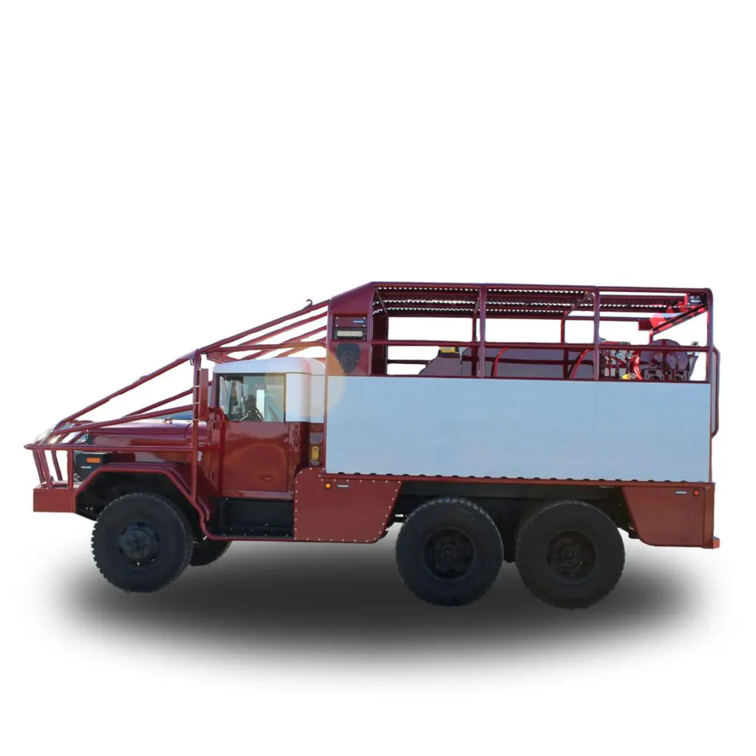 Red utility truck with cage and tank.