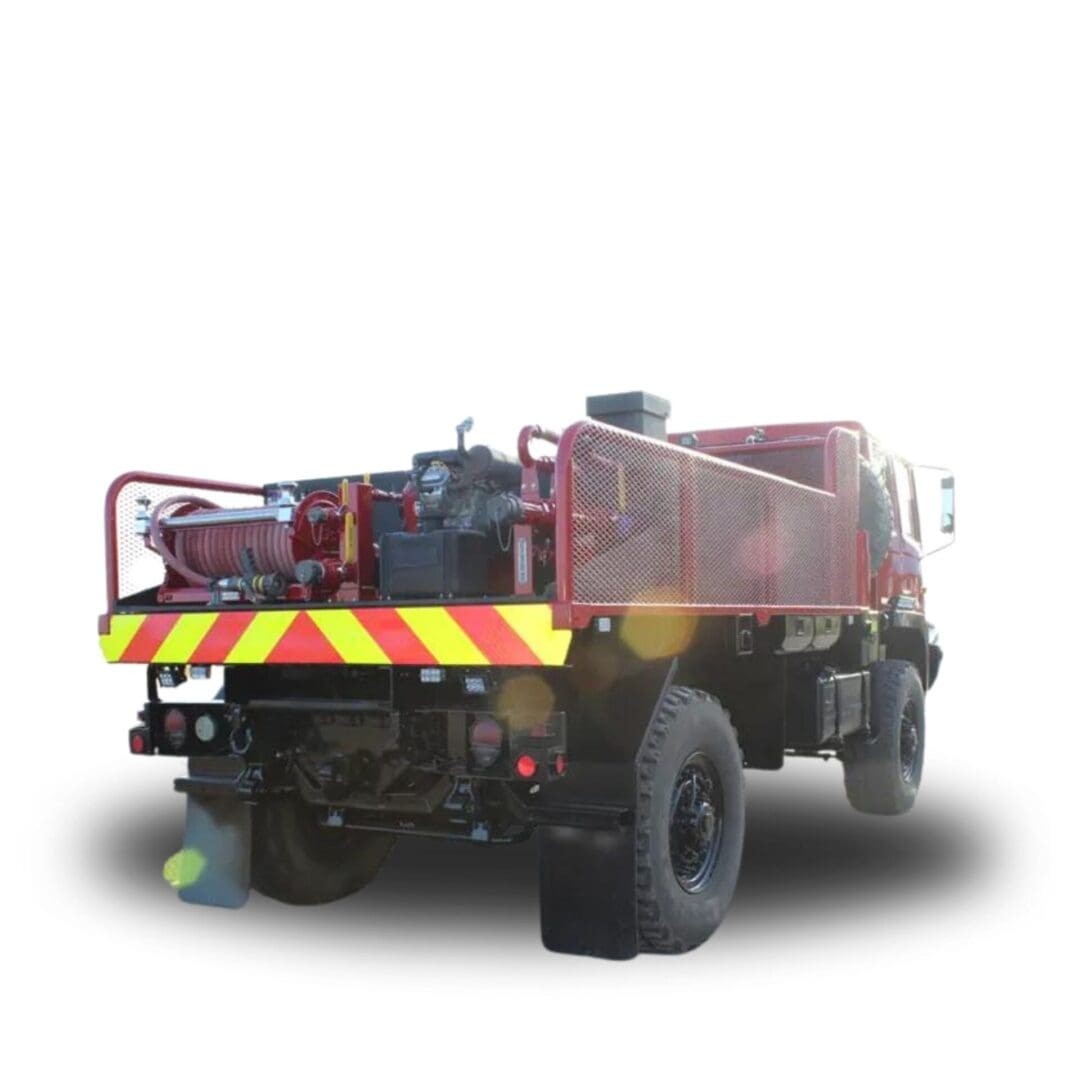 Red fire truck with hose reel.