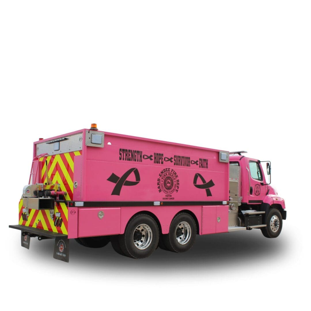 Pink fire truck with breast cancer awareness decals.