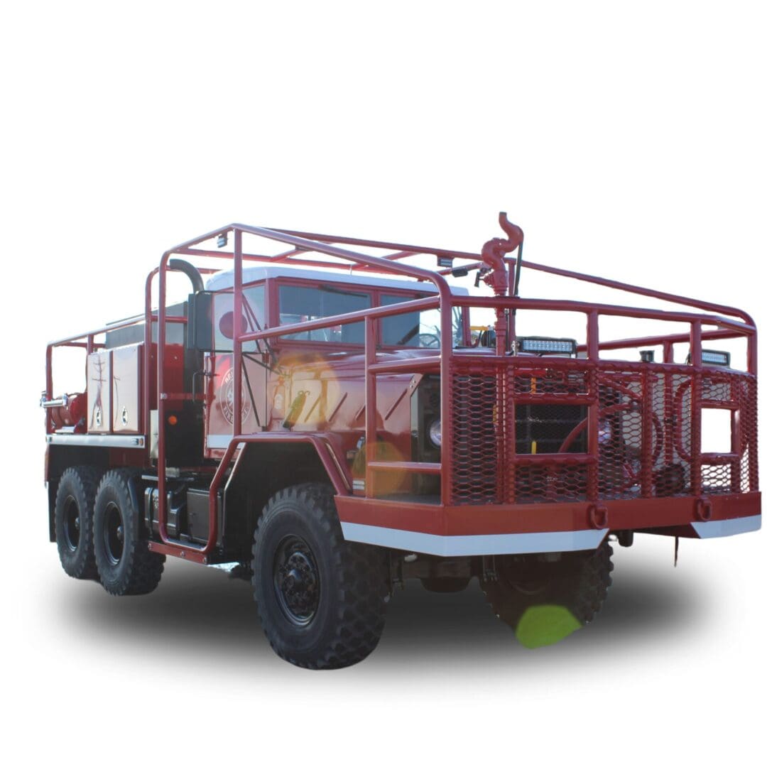 Red fire truck with cage and hose reel.