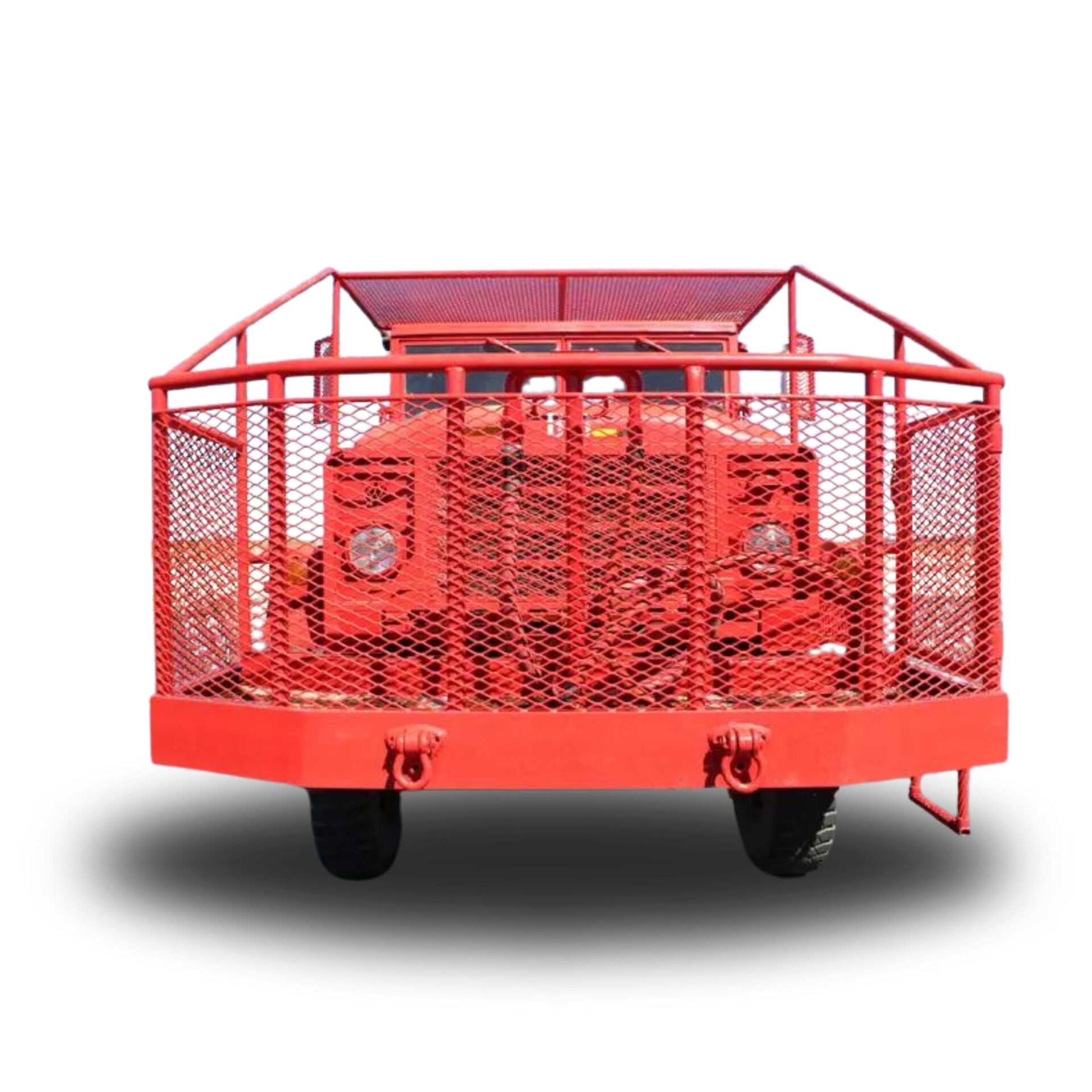 Red utility truck with mesh cage.