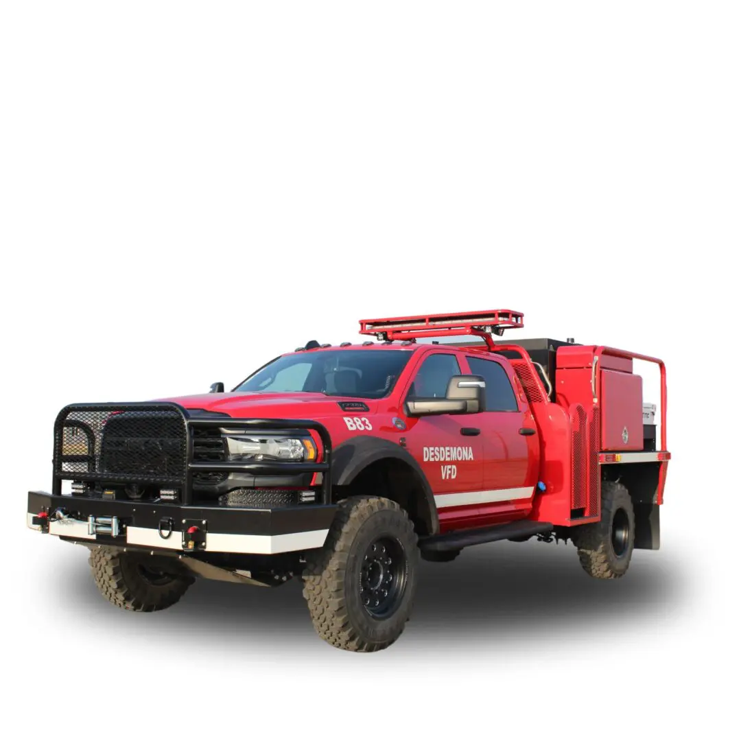 Red fire truck with black grill and bumper.