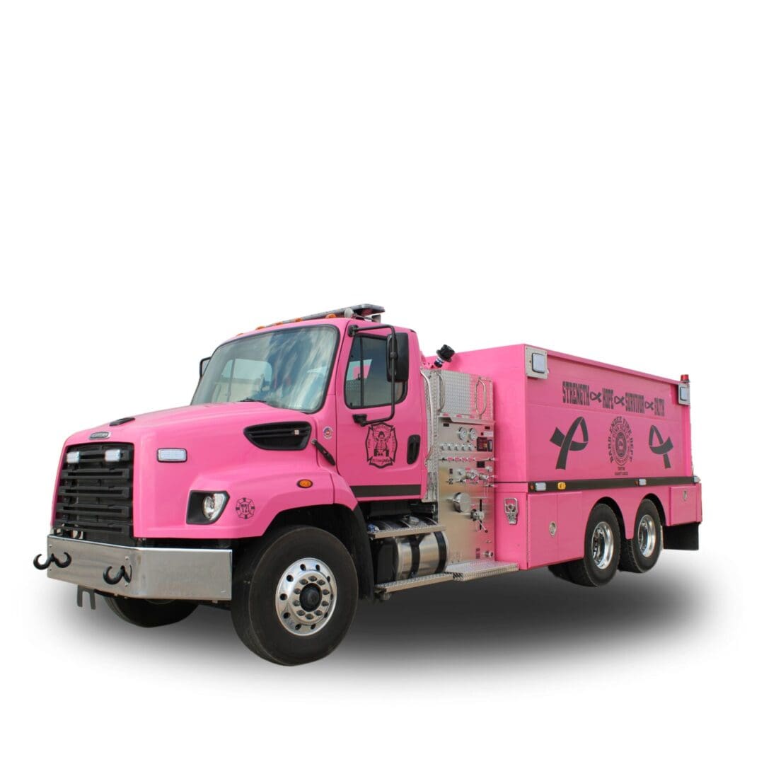 Pink fire truck with pink ribbon decals.