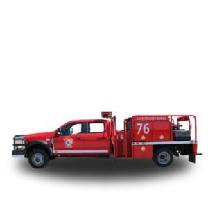 Red fire truck with Jack County Rural logo.