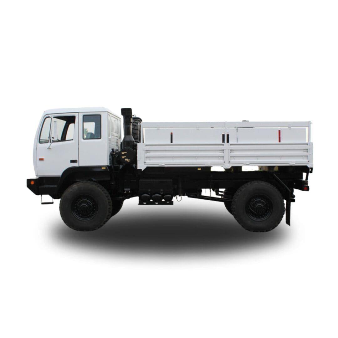 White flatbed truck with black wheels.