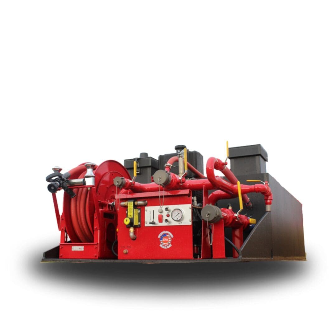 Red fire suppression system with hoses.